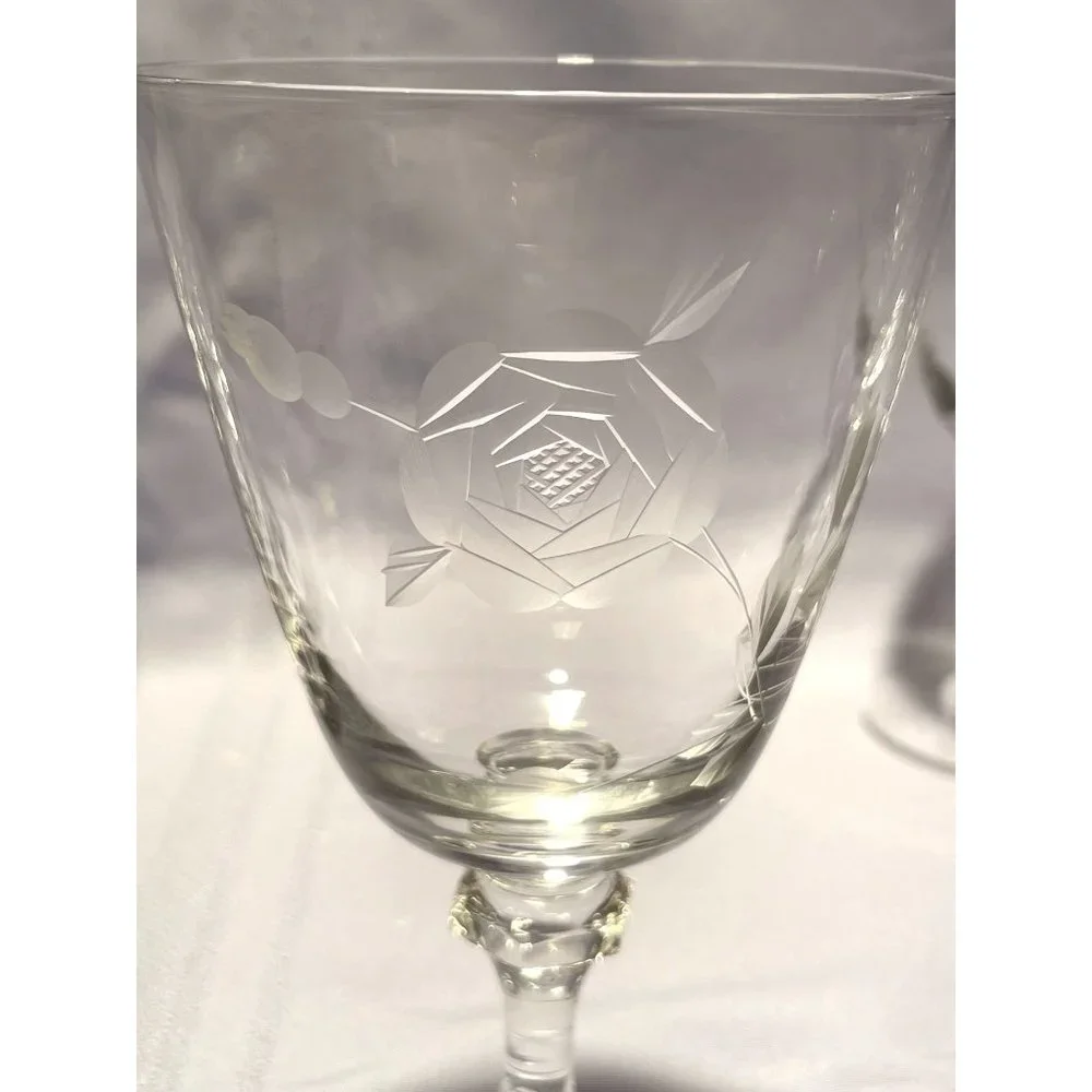 Set of 7 Crystal Rose Etched Iced Tea Glasses Cut Glass Stem Bubbles Vintage - Picture 2 of 10